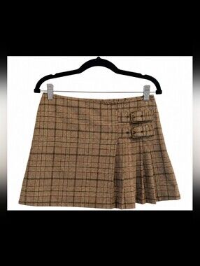 Michael Kors Brown Plaid Mini Skirt with Side Buckles
